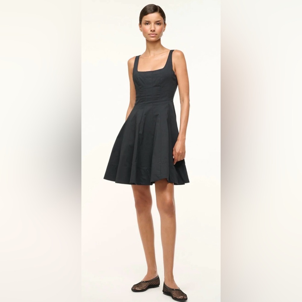 STAUD Black Square-Neck Fit & Flare Mini Dress